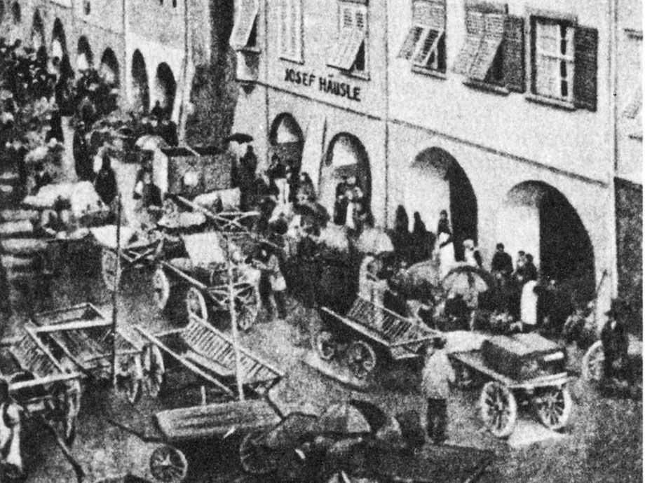 Der Feldkircher Wochenmarkt um 1900 - Marktgasse, Michael Felder Gasse und Melaunerweg.