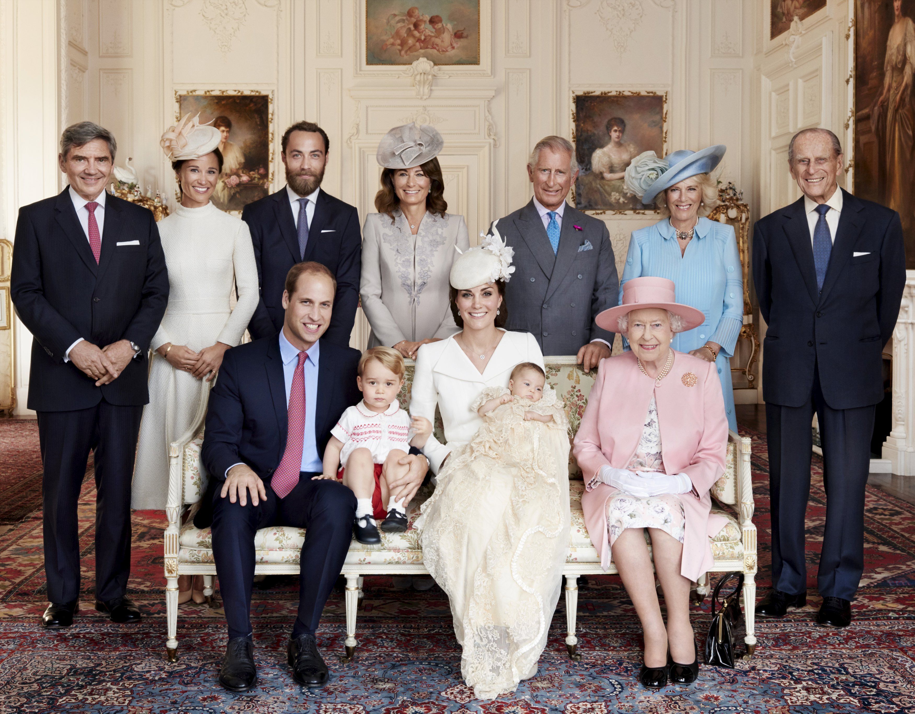 Handout photo of members of Britain's royal family and the Middletons posing for a photo in the Drawing Room of Sandringham House following the christening of Princess Charlotte