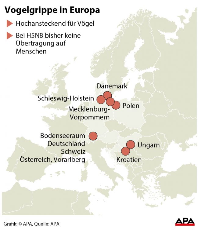 Lokalisierungskarte Europa mit neuen Vogelgrippe-Fällen Lokalisierungskarte Europa mit neuen Vogelgrippe-Fällen