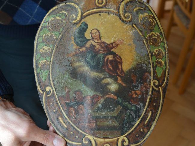 Rosenkranz-Tafeln von 1709 aus Maria Bildstein. Aufnahme Marias in den Himmel. Rosenkranz-Tafeln von 1709 aus Maria Bildstein. Aufnahme Marias in den Himmel.