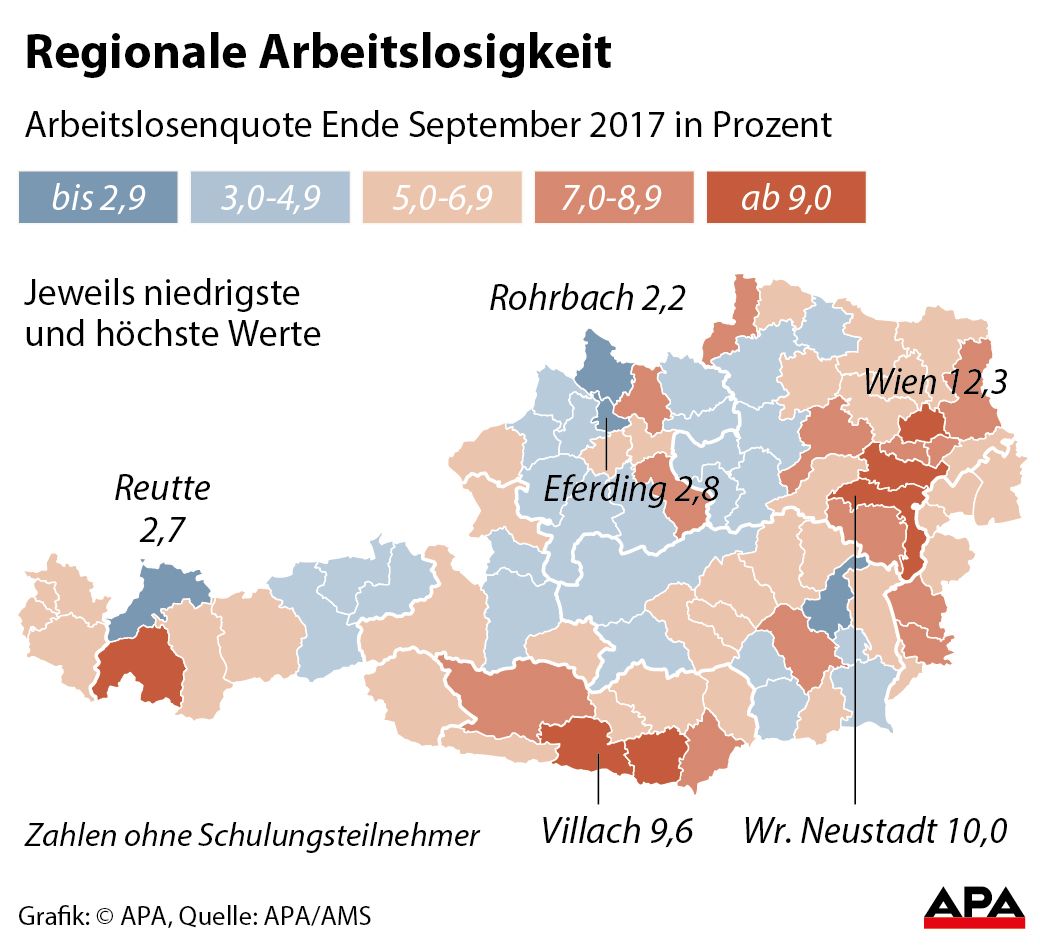 sterreichkarte mit Bezirken eingefrbt nach Hhe der Arbeitslosigkeit Ende September 2017 GRAFIK 1073-17, 88 x 80 mm
sterreichkarte mit Bezirken eingefrbt nach Hhe der Arbeitslosigkeit Ende September 2017 GRAFIK 1073-17, 88 x 80 mm