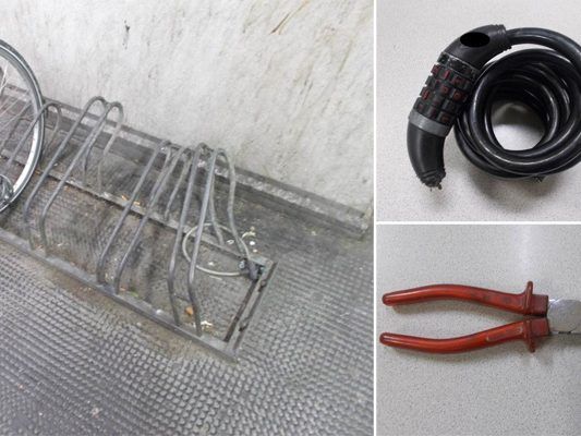 Tatwerkzeug, durchtrenntes Schloss und Radständer, bei dem das Fahrrad entfernt wurde