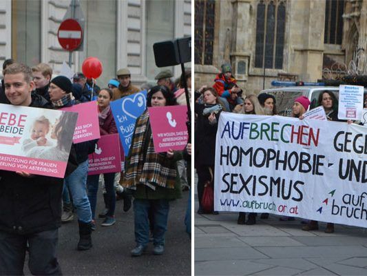 Beim Marsch fürs Leben (l.) und bei der Demo gegen Gewalt an Frauen