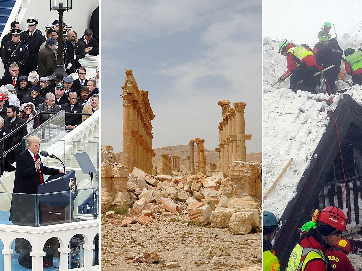 (v.l.n.r.) Trumps Angelobung, die zerstörung von Palmyra und die Lawinenkatastrophe in Italien. (v.l.n.r.) Trumps Angelobung, die zerstörung von Palmyra und die Lawinenkatastrophe in Italien.