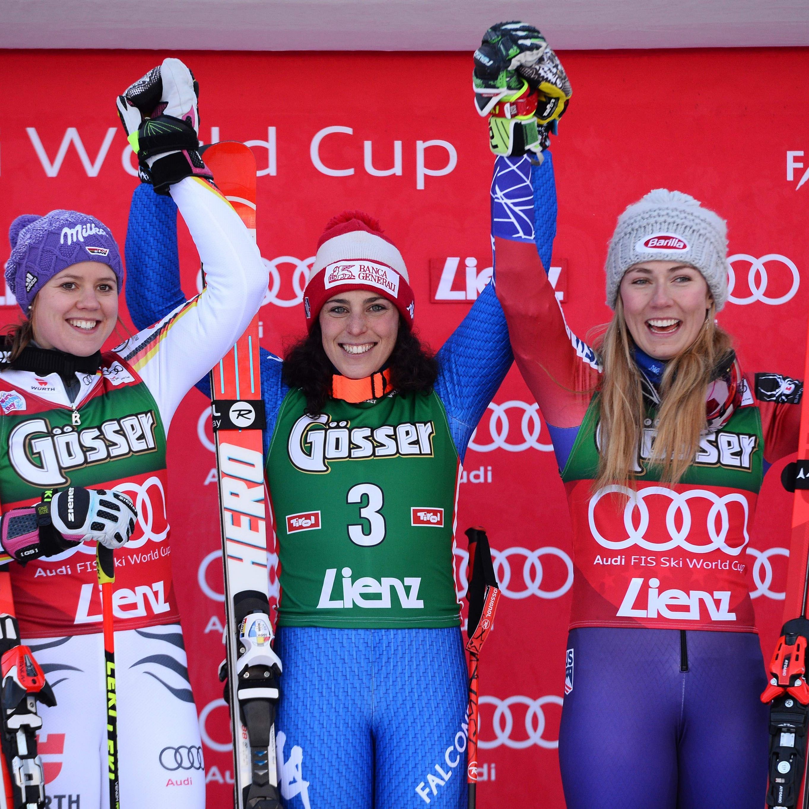 Das Podest beim Weltcup-Riesentorlauf der Damen in Lienz 2017.
