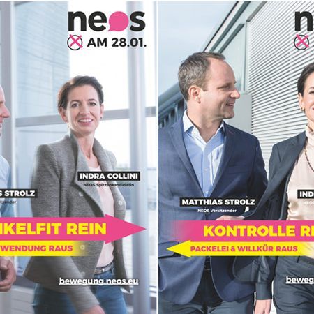 Matthias Strolz und Indra Collini auf den Plakaten für die Landtagswahl in Niederösterreich.