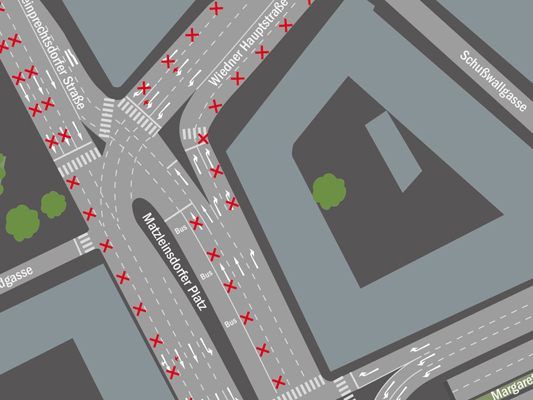 Die geplanten dauerhaften Einschränkungen für den Kfz-Verkehr im Bereich des Matzleinsdorfer Platzes.