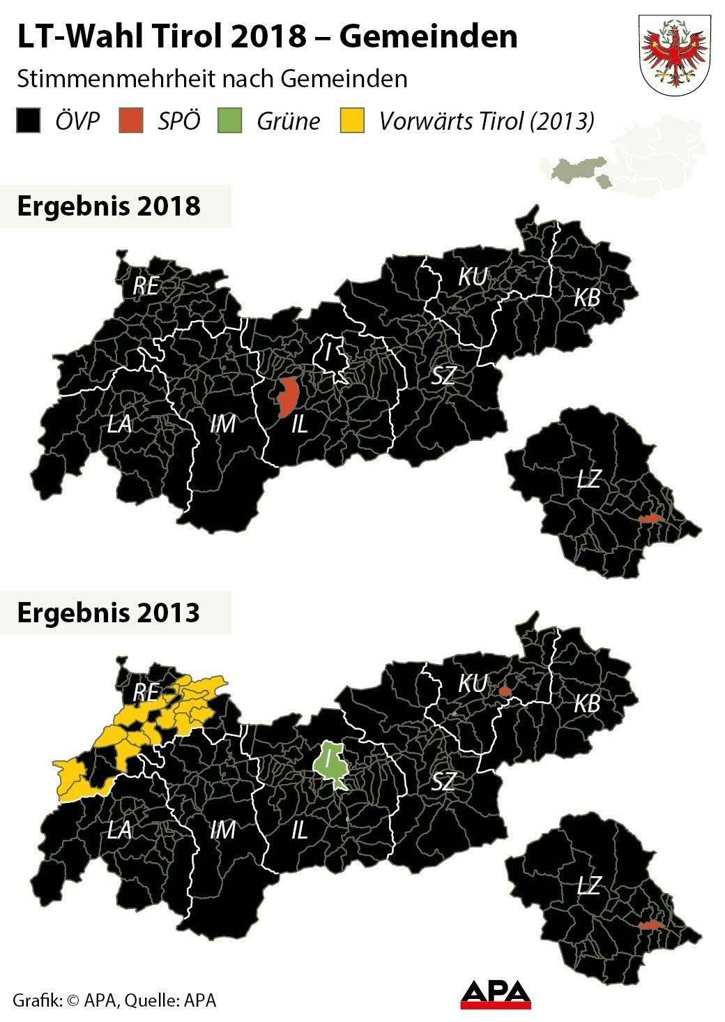 Karte, eingefrbt nach Stimmenmehrheit in Gemeinden bei Landtagswahl 2013 und 2018 GRAFIK 0210-18, 88 x 124 mm 