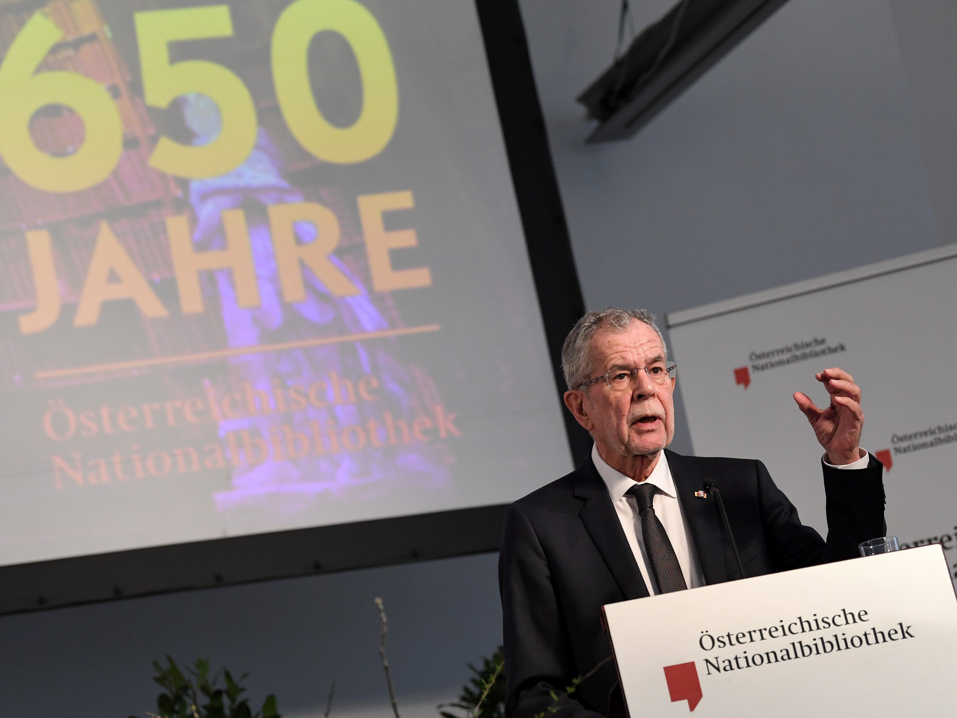 Alexander Van der Bellen trat als Gast bei der 650-Jahrfeier in der ÖNB auf.