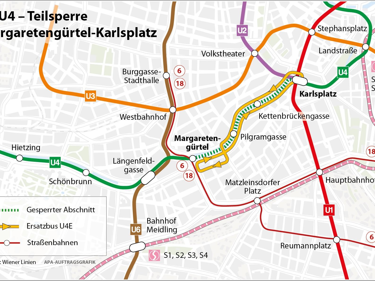 Zwischen den Stationen Karlsplatz und Margaretengürtel wird ein Ersatzbus statt der U4 fahren. Zwischen den Stationen Karlsplatz und Margaretengürtel wird ein Ersatzbus statt der U4 fahren.
