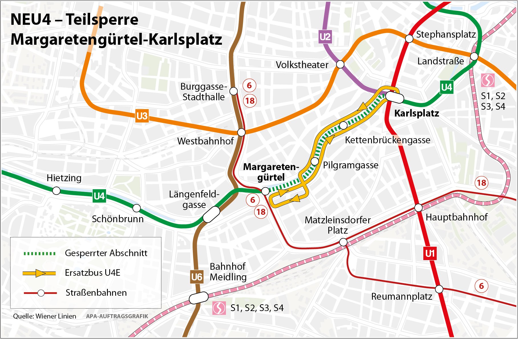 Zwischen den Stationen Karlsplatz und Margaretengürtel wird ein Ersatzbus statt der U4 fahren. Zwischen den Stationen Karlsplatz und Margaretengürtel wird ein Ersatzbus statt der U4 fahren.