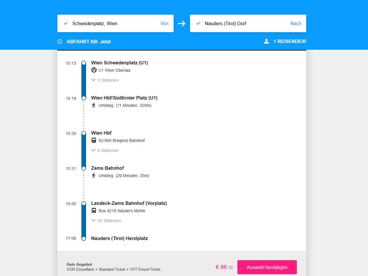 Die wegfinder-Homepage kombiniert wie die App lokale mit nationalen Verkehrsmitteln.