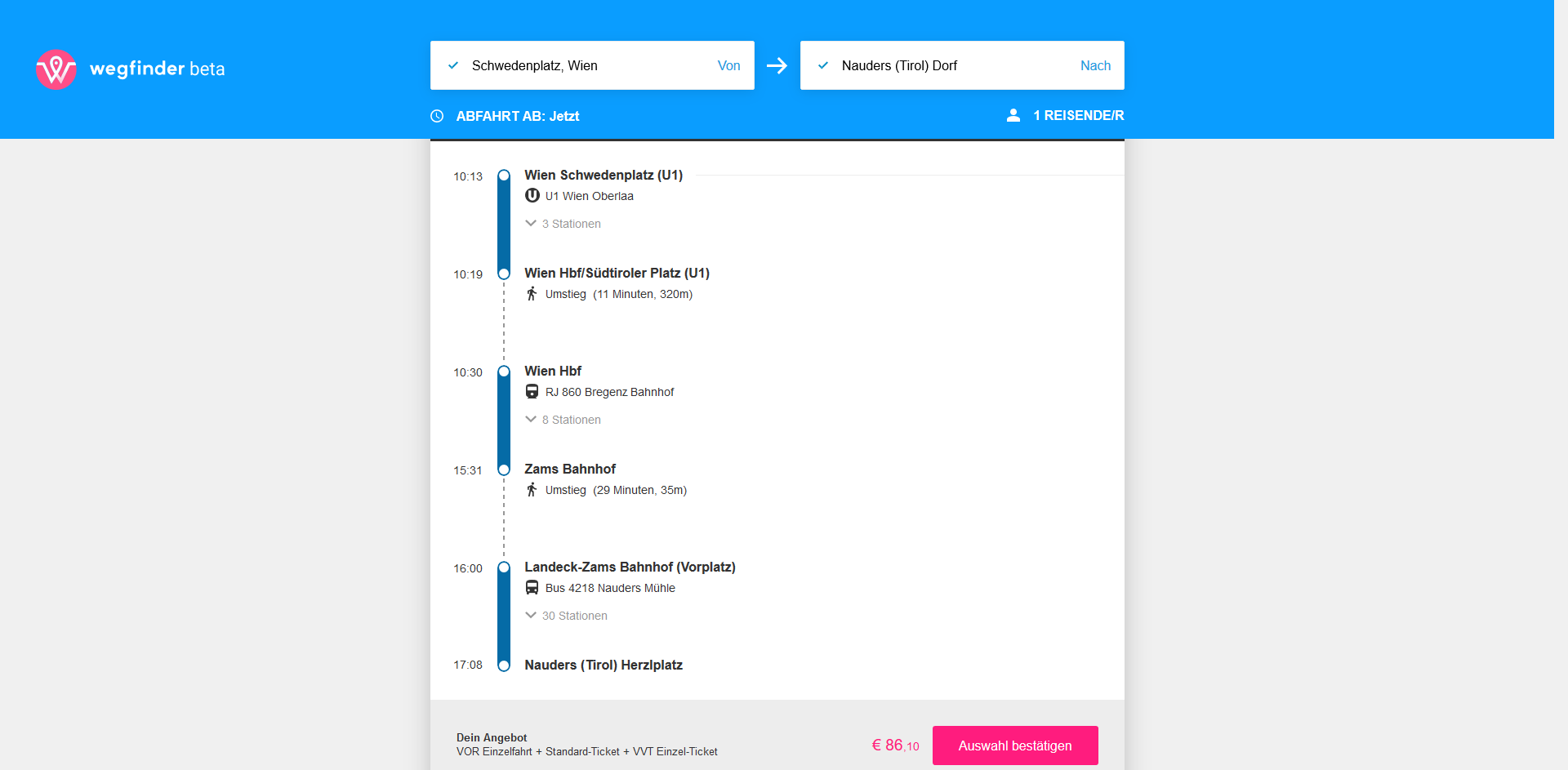 Die wegfinder-Homepage kombiniert wie die App lokale mit nationalen Verkehrsmitteln. Die wegfinder-Homepage kombiniert wie die App lokale mit nationalen Verkehrsmitteln.