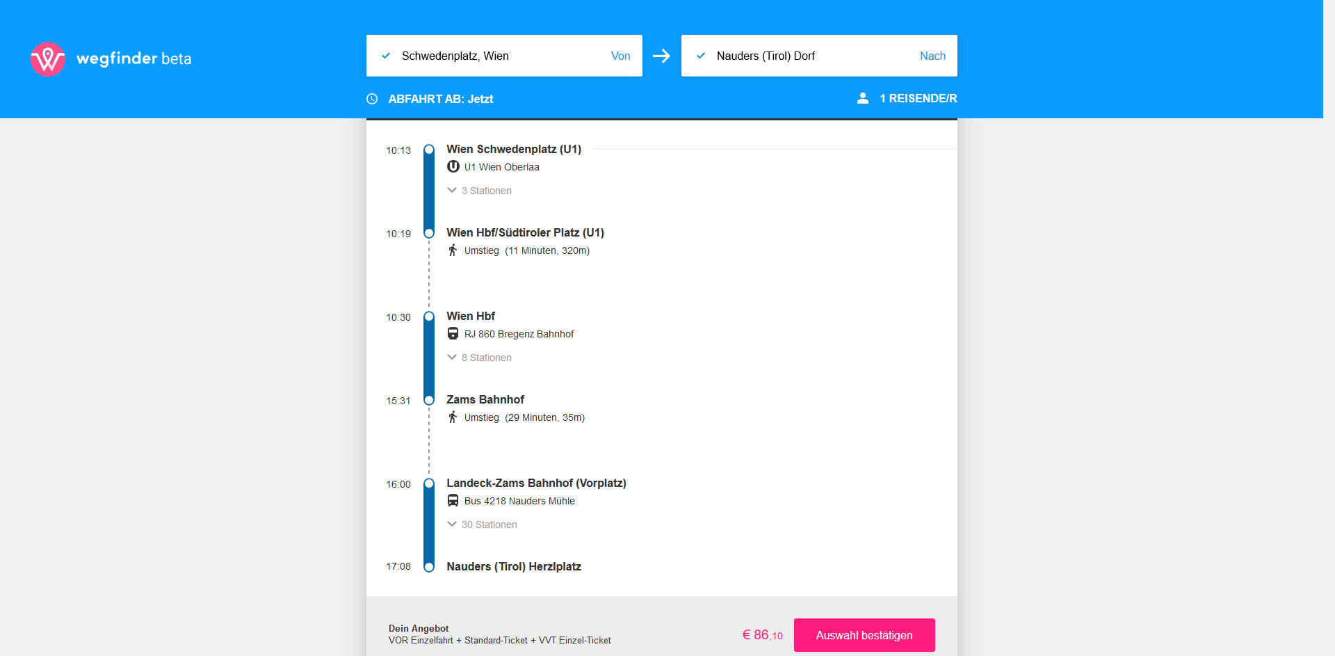 Die wegfinder-Homepage kombiniert wie die App lokale mit nationalen Verkehrsmitteln.