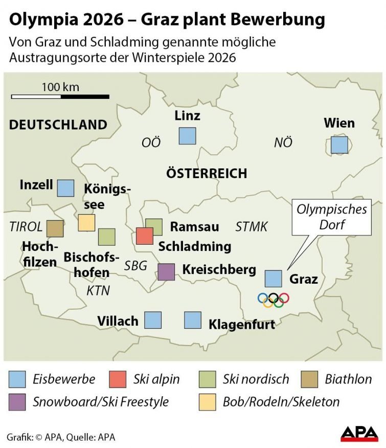 Von Graz und Schladming genannte mögliche Austragungsorte der Winterspiele 2026. 