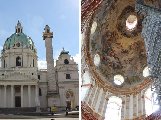 Das neue Besuchergerüst ermöglicht Ausblicke von der Karlskirche über Wien. Das neue Besuchergerüst ermöglicht Ausblicke von der Karlskirche über Wien.