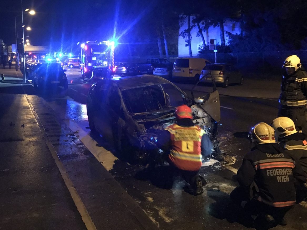 Das Hybrid-Auto nach den Löscharbeiten in Wien-Donaustadt. Das Hybrid-Auto nach den Löscharbeiten in Wien-Donaustadt.