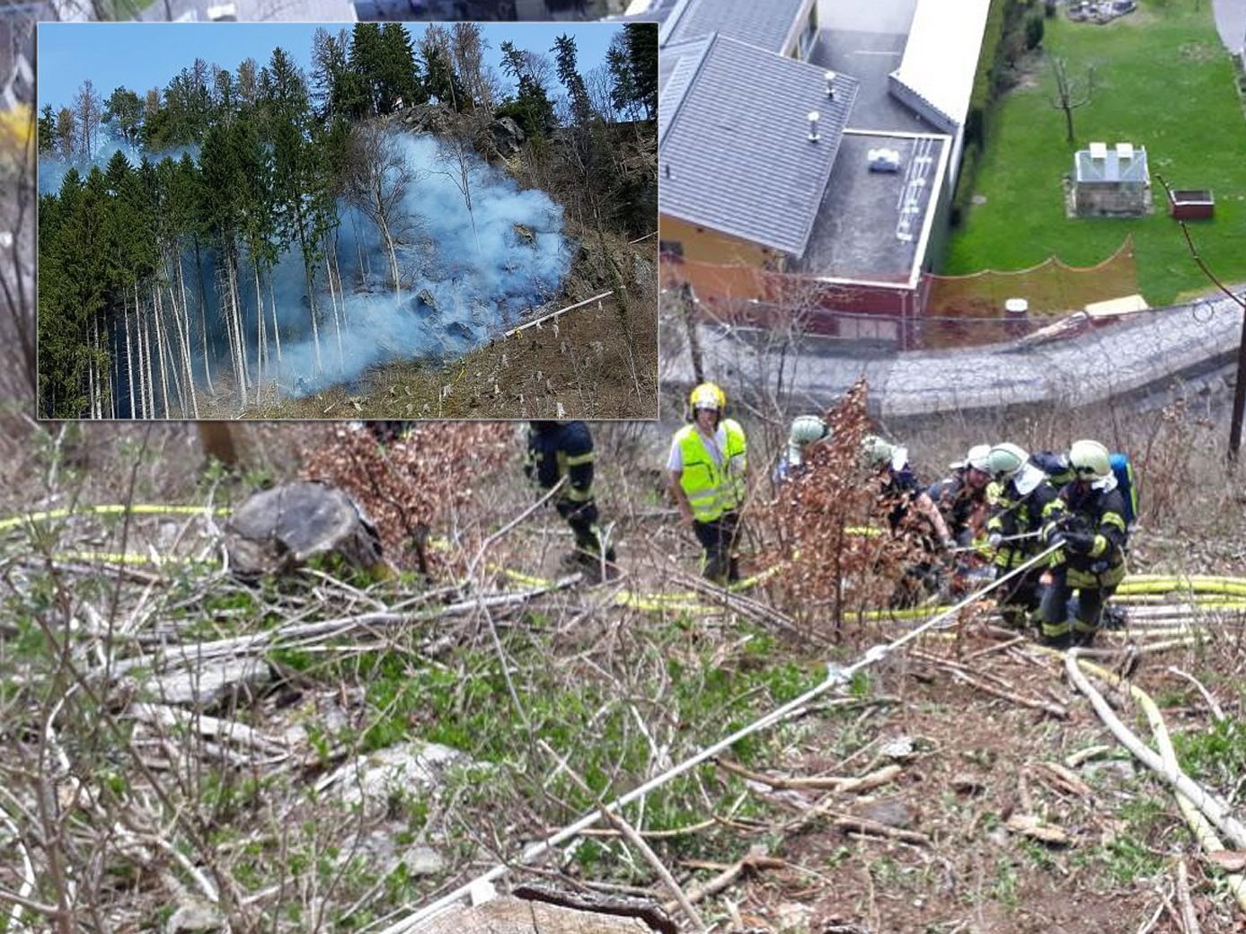 Die Feuerwehren bekämpften den BRand in sehr unwegsamen Gelände. Die Feuerwehren bekämpften den BRand in sehr unwegsamen Gelände.
