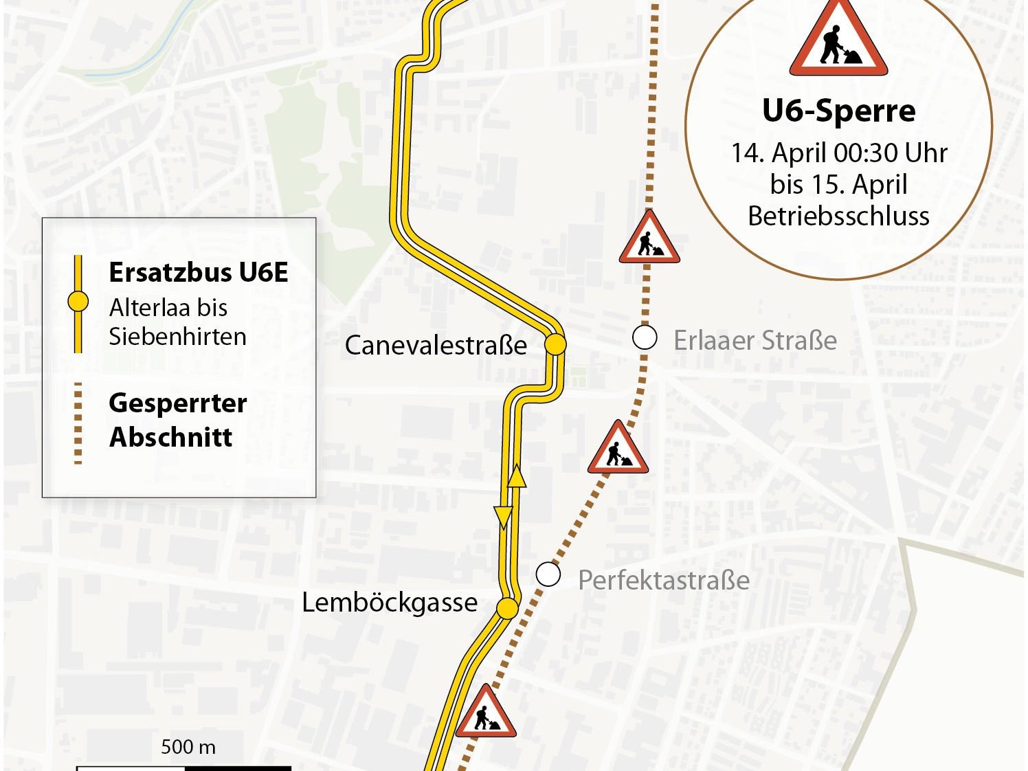 Teilsperre zwischen Alterlaa und Siebenhirten am 14. und 15. April
