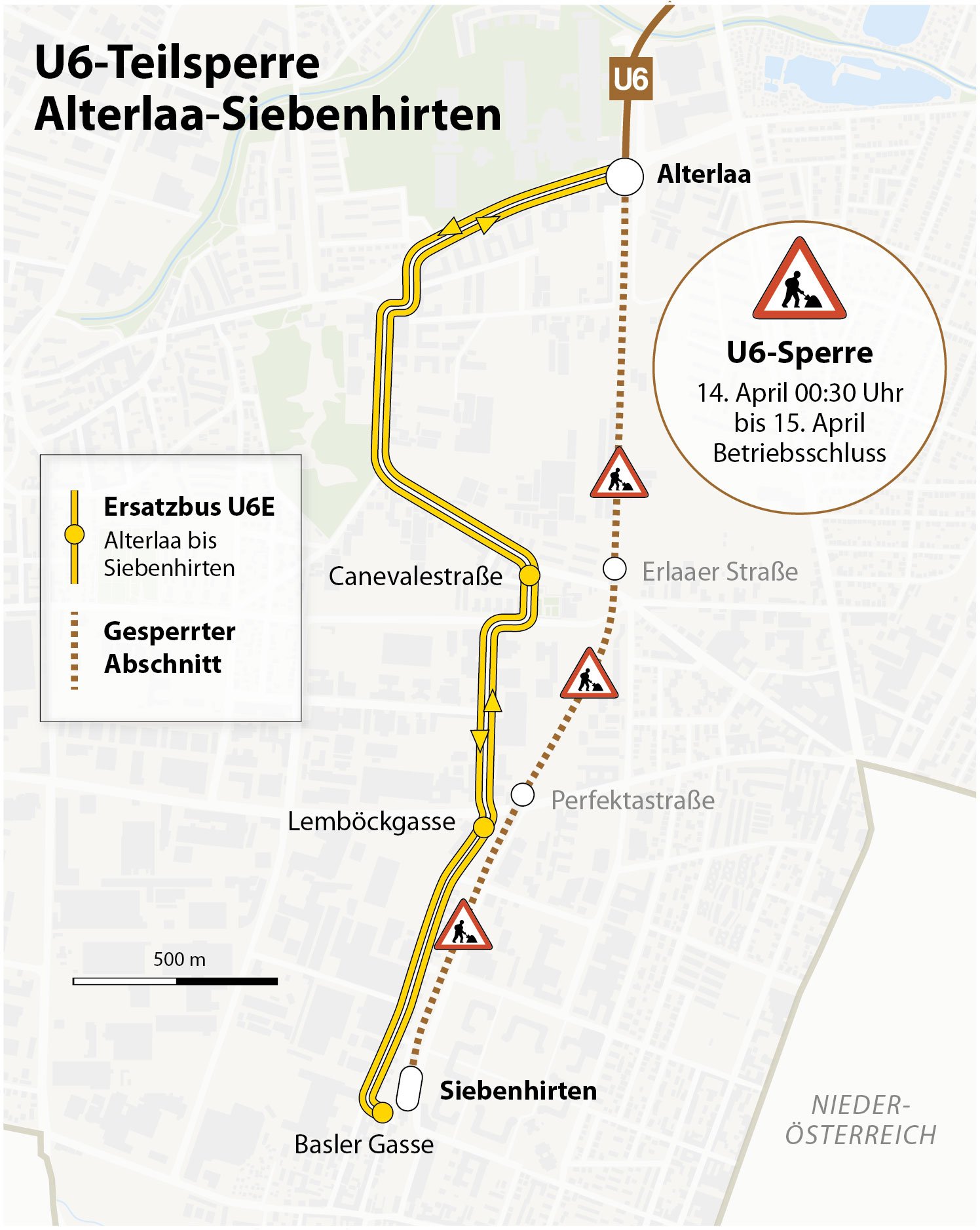 Teilsperre zwischen Alterlaa und Siebenhirten am 14. und 15. April