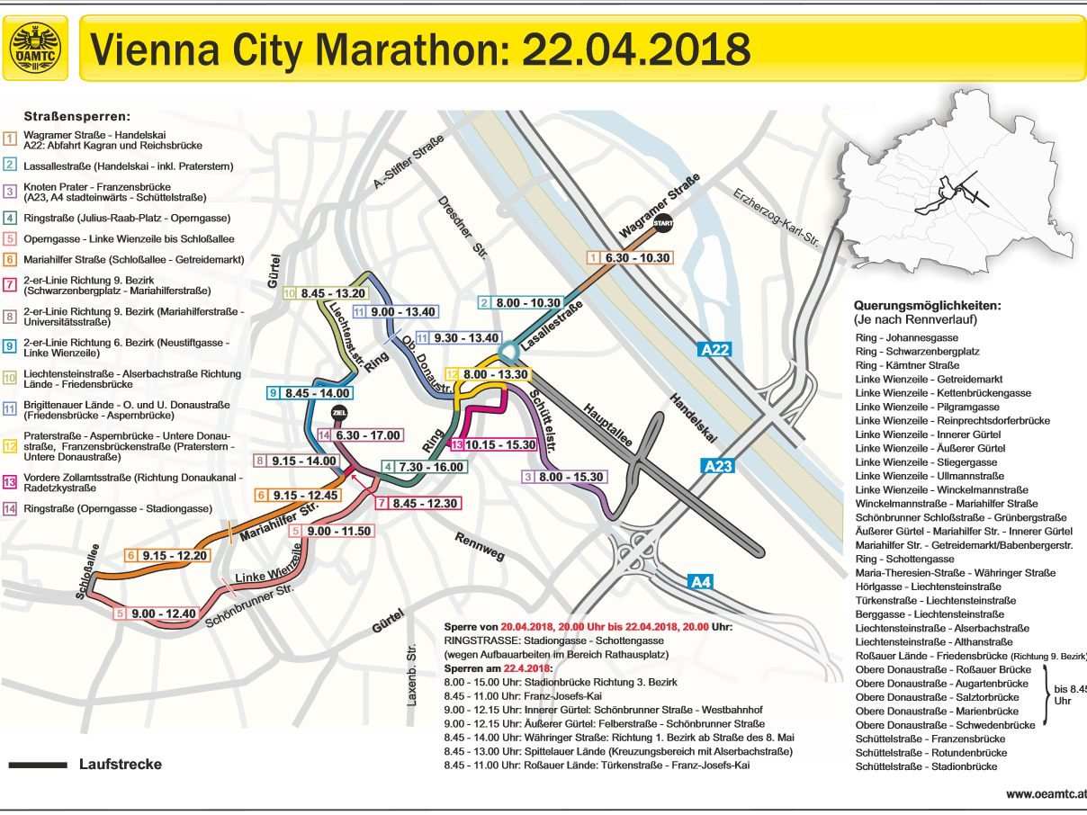 Der Vienna City Marathon wird zu folgenden Zeiten in Wien unterwegs sein. Der Vienna City Marathon wird zu folgenden Zeiten in Wien unterwegs sein.