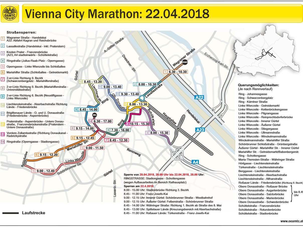 Der Vienna City Marathon wird zu folgenden Zeiten in Wien unterwegs sein.