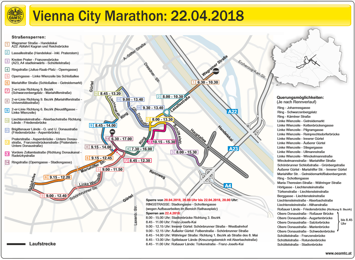 Der Vienna City Marathon wird zu folgenden Zeiten in Wien unterwegs sein. Der Vienna City Marathon wird zu folgenden Zeiten in Wien unterwegs sein.
