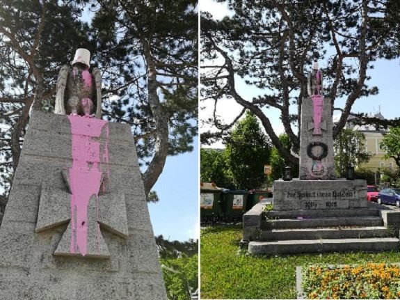 Unbekannten beschmierten ein Kriegerdenkmal in Wien-Penzing mit Latexfarbe.