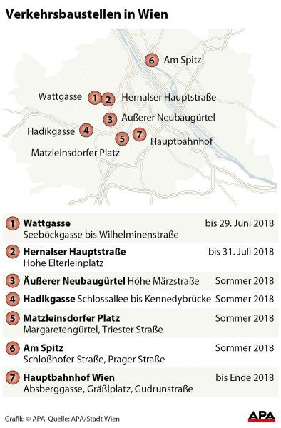 Wienkarte mit wichtigen Stra§enbaustellen, Factbox GRAFIK 0456-18, 88 x 134 mm 