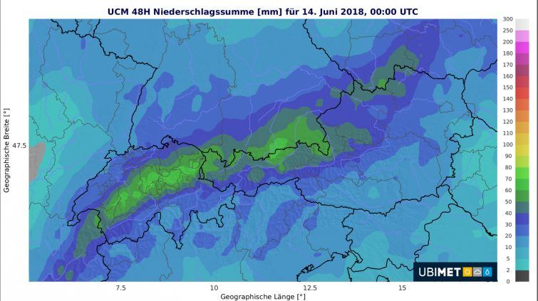 48-stündige Niederschlagsmenge bis Donnerstag, 14. Juni 2018, 00 UTC