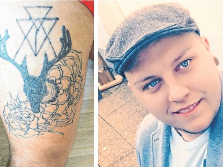 Raphael hat auf seinem Oberschenkel versucht, sich selbst ein Motiv zu stechen. Raphael hat auf seinem Oberschenkel versucht, sich selbst ein Motiv zu stechen.