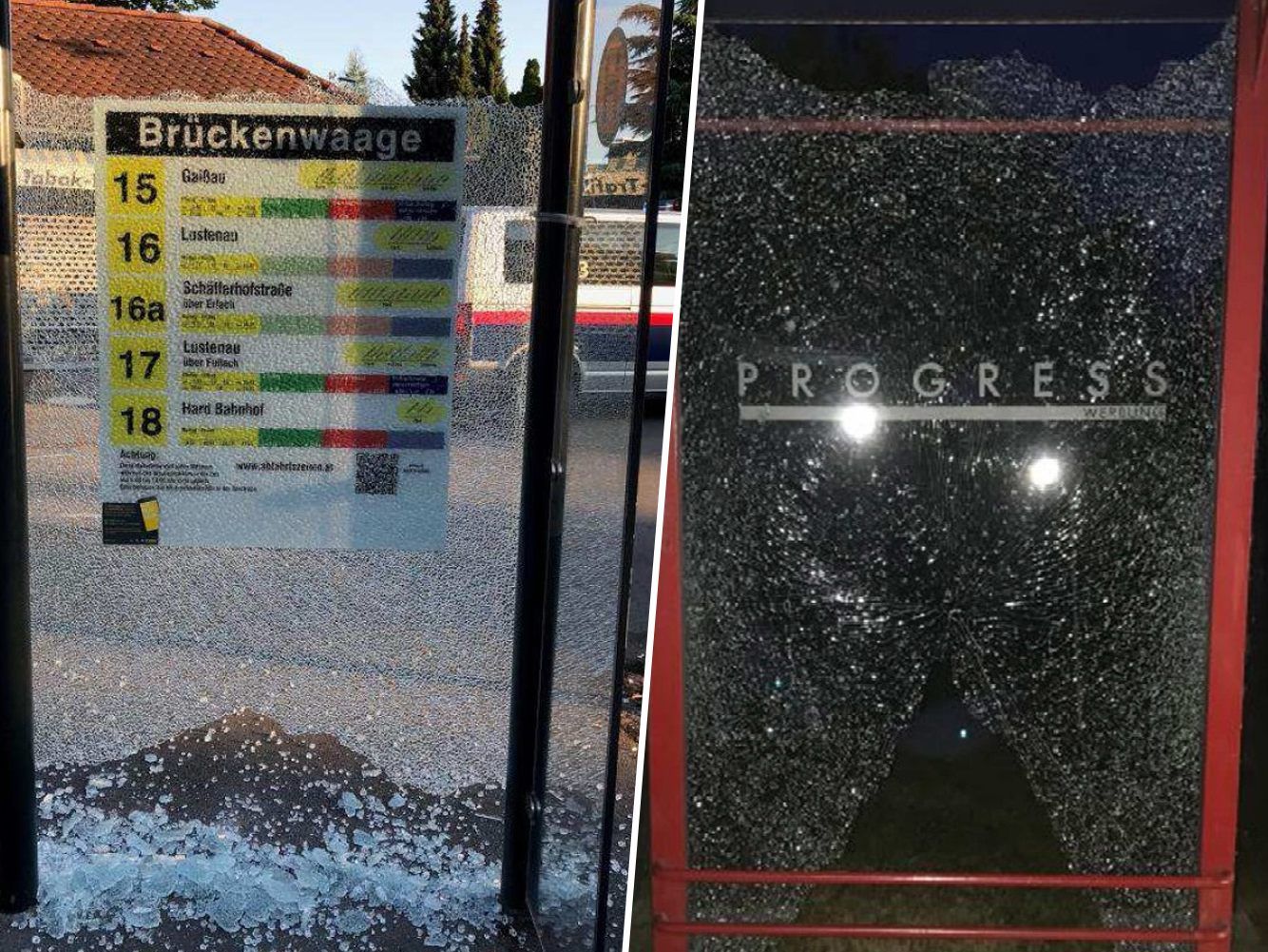 In der Nacht zu Mittwoch wurden dutzende Bushaltestellen in Vorarlberg mutwillig zerstört. In der Nacht zu Mittwoch wurden dutzende Bushaltestellen in Vorarlberg mutwillig zerstört.