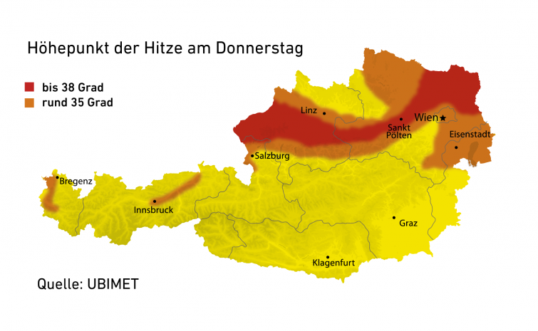 Die Hitzepole am Donnerstag. Die Hitzepole am Donnerstag.