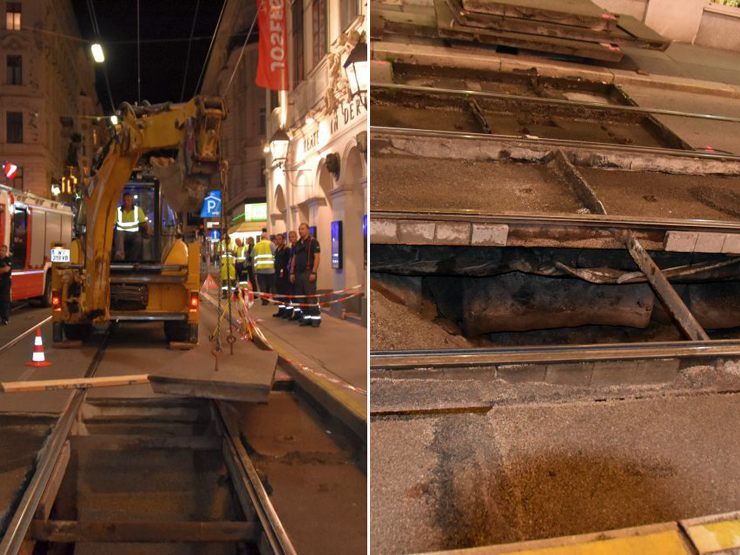 Die Fahrbahn und die Straßenbahngleise wurden unterspült. Die Fahrbahn und die Straßenbahngleise wurden unterspült.