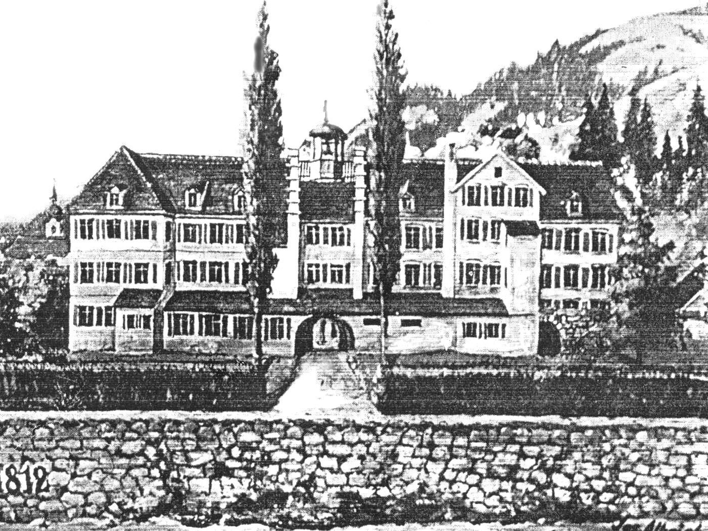 Betriebsgebäude der Spinnerei Juchen um 1812.