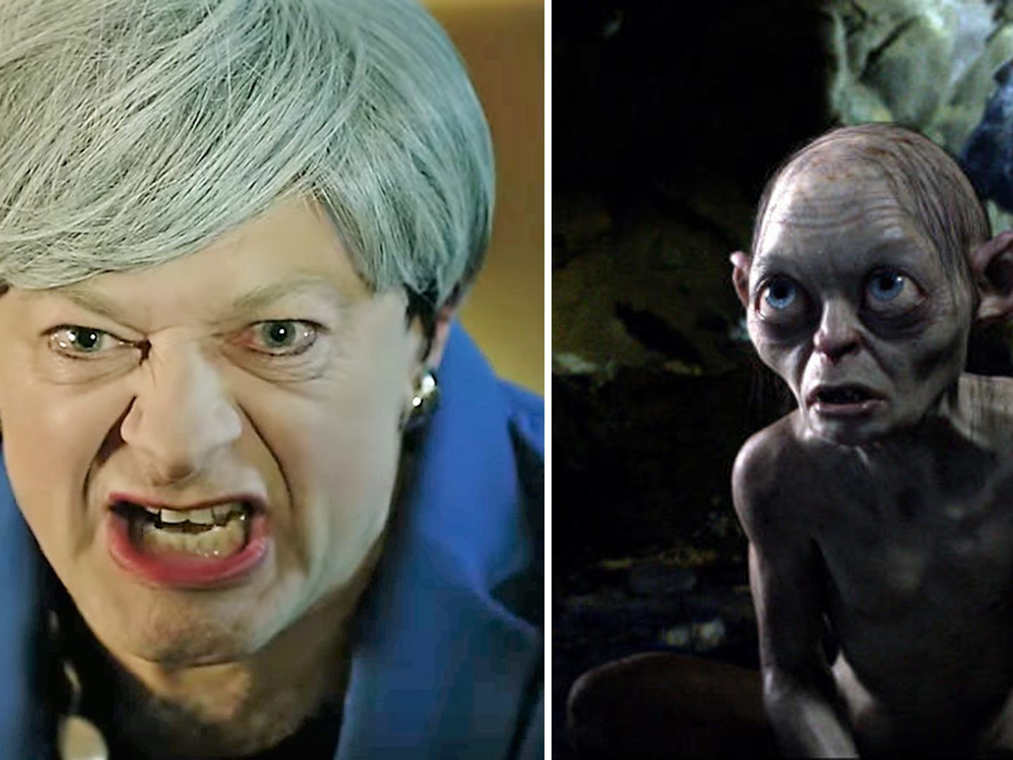 Gollum-Darsteller Andy Serkis tut seine politische Meinung in einer Parodie kund. Gollum-Darsteller Andy Serkis tut seine politische Meinung in einer Parodie kund.