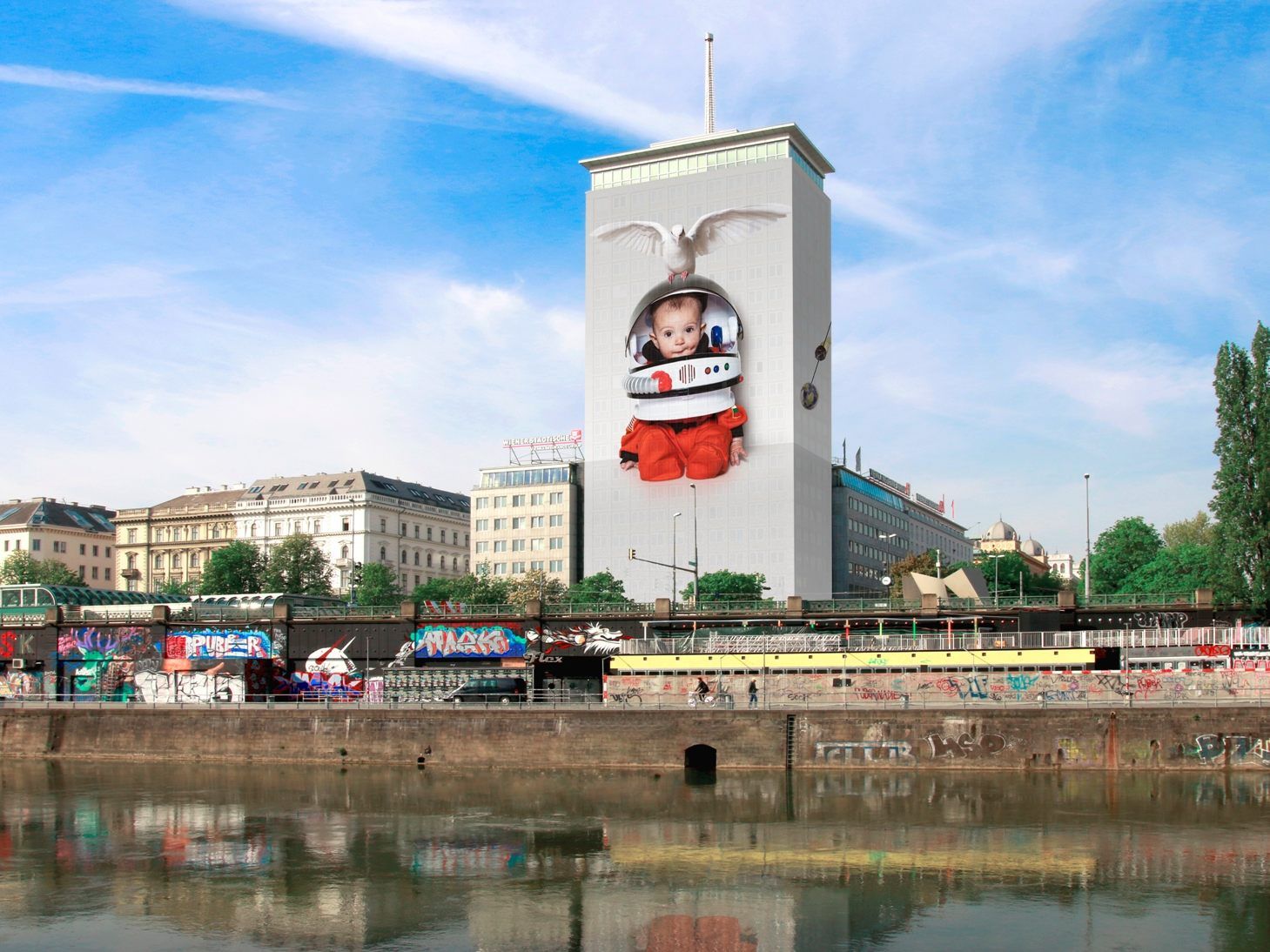 Ein Rendering der heurigen Ringturmverhüllung "Zukunftsträume" Ein Rendering der heurigen Ringturmverhüllung "Zukunftsträume"