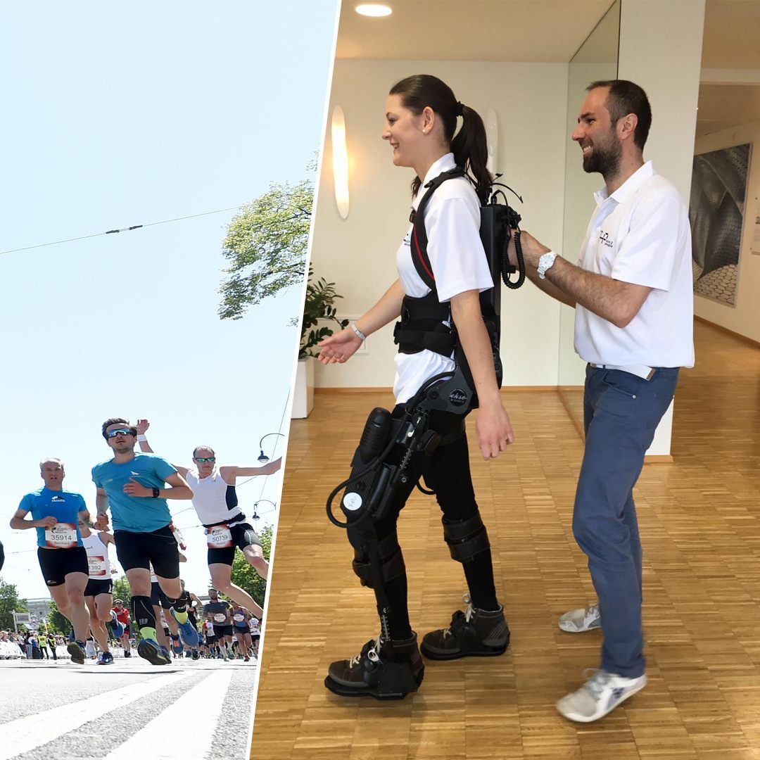 Anna Reiter braucht noch fremde Hilfe, damit sie mit dem Exoskelett gehen kann.
