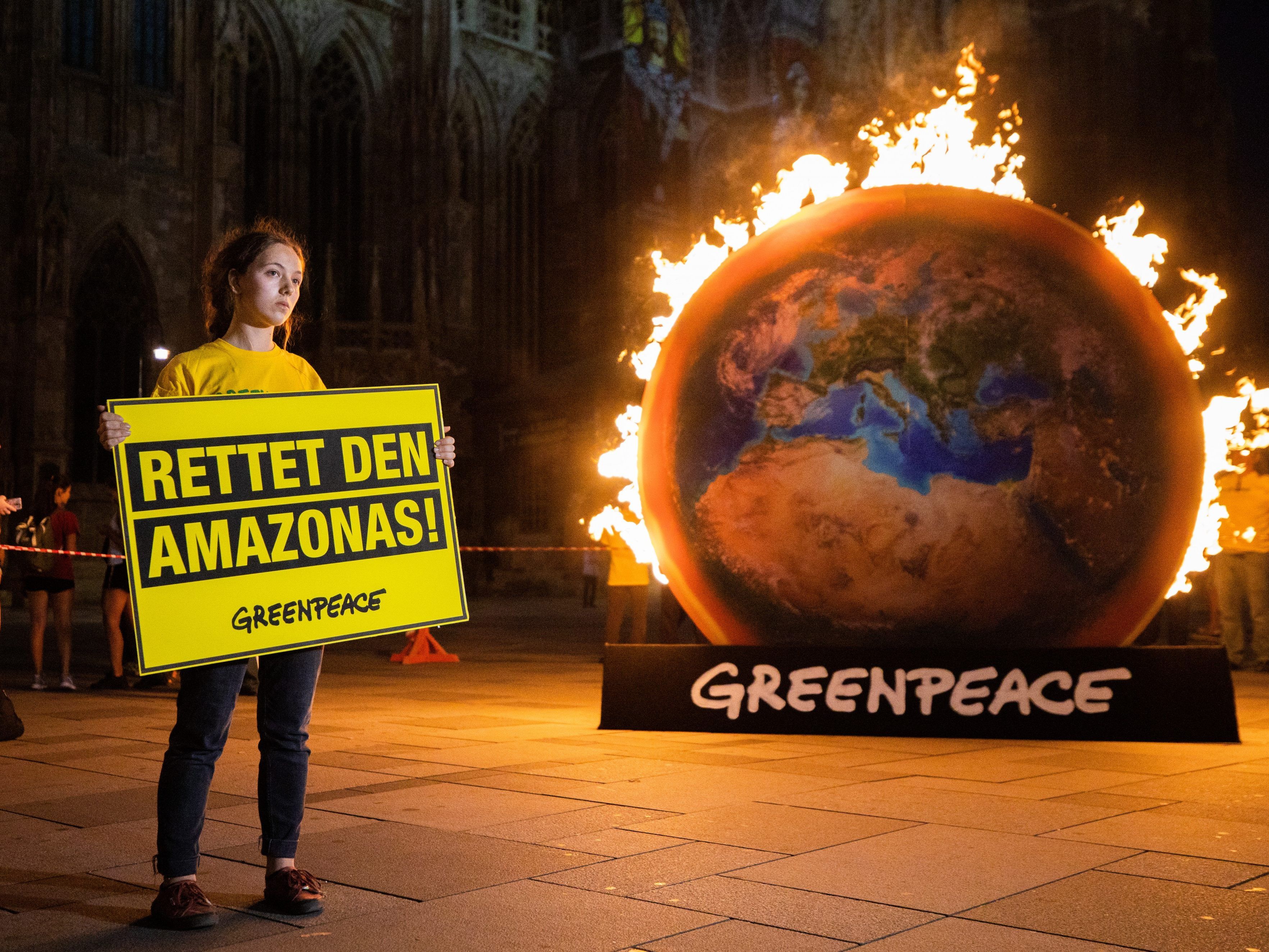 Greenpeace demonstrierte am Montagabend am Wiener Stephansplatz.