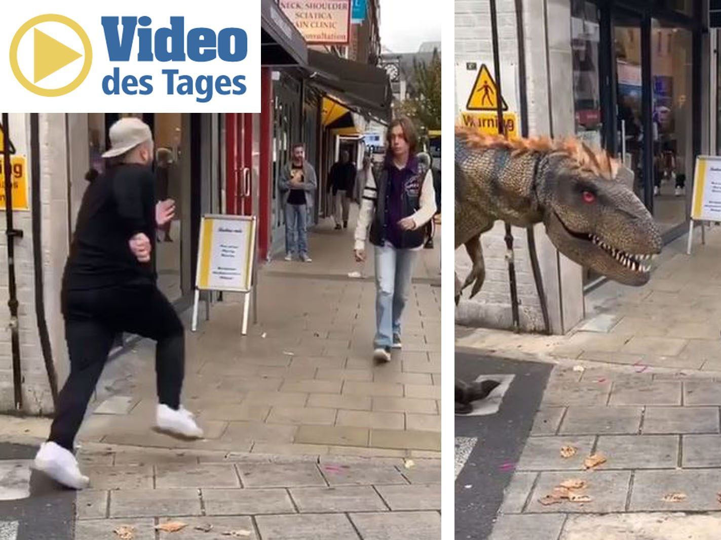 Die Reaktionen auf den Dinosaurier in der Fußgängerzone sind einen Lacher wert.