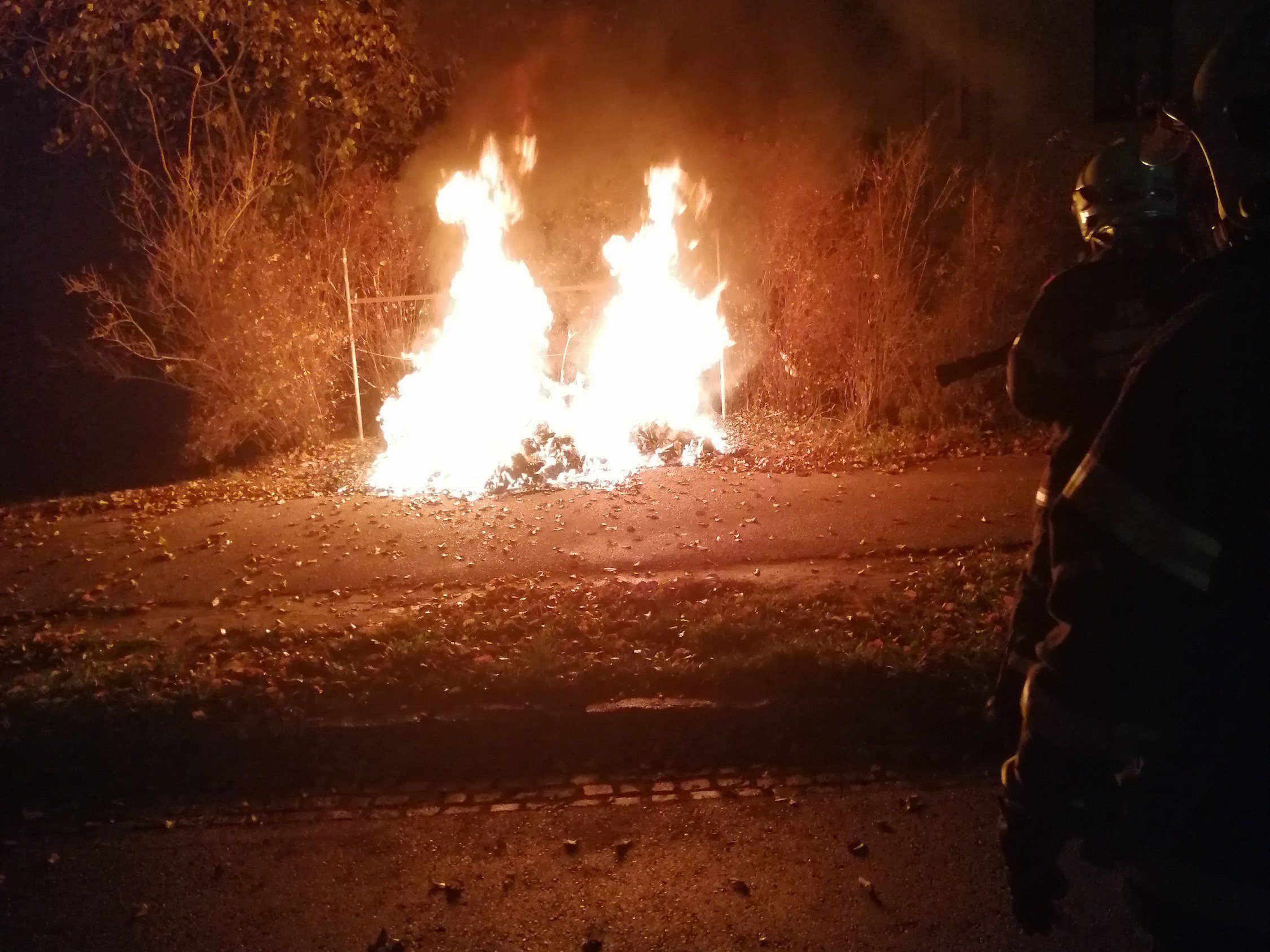 Der Müllcontainerbrand griff auf eine Hecke über. Der Müllcontainerbrand griff auf eine Hecke über.