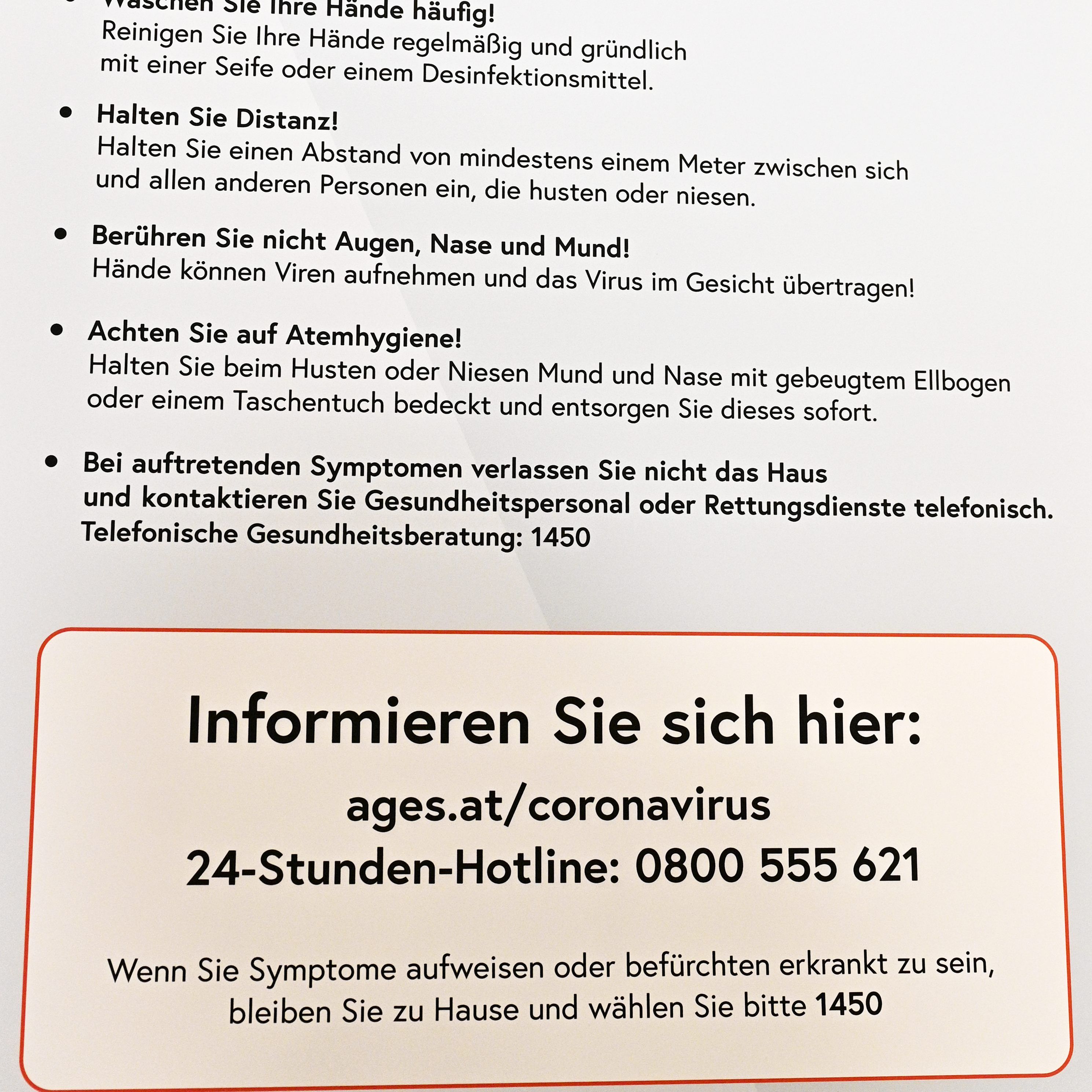 Im Falle eines Coronavirus-Verdachts gibt die Notrufnummer 1450 Auskunft.