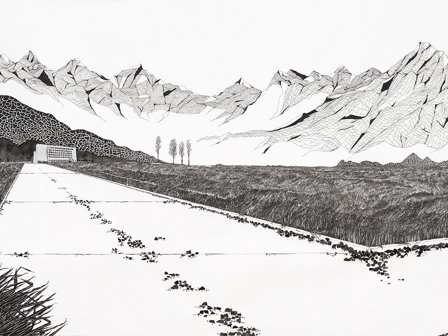Die Zukunft ist nicht mehr an ihrem Platz #1, 2015, collagierte Tuschezeichnung, 90 x 143 cm, Bildrecht Wien 2020 Die Zukunft ist nicht mehr an ihrem Platz #1, 2015, collagierte Tuschezeichnung, 90 x 143 cm, Bildrecht Wien 2020