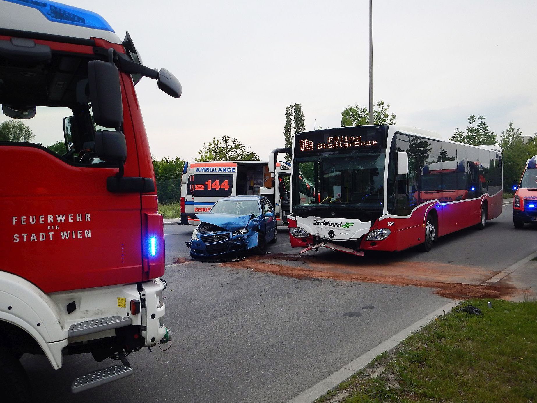 Bei einem Unfall zwischen einem Linienbus und einem Auto in Wien-Donaustadt wurden am Dienstag zehn Menschen verletzt.