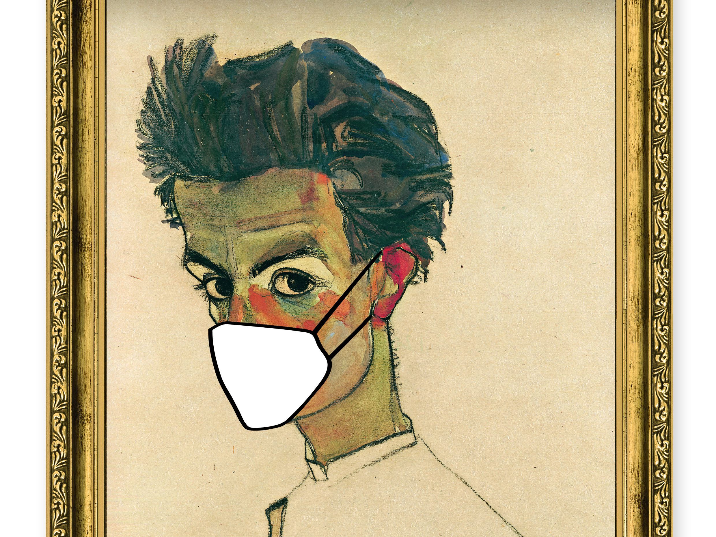 Das an Schiele angelehnte Plakat ruft zum Maskentragen auf.