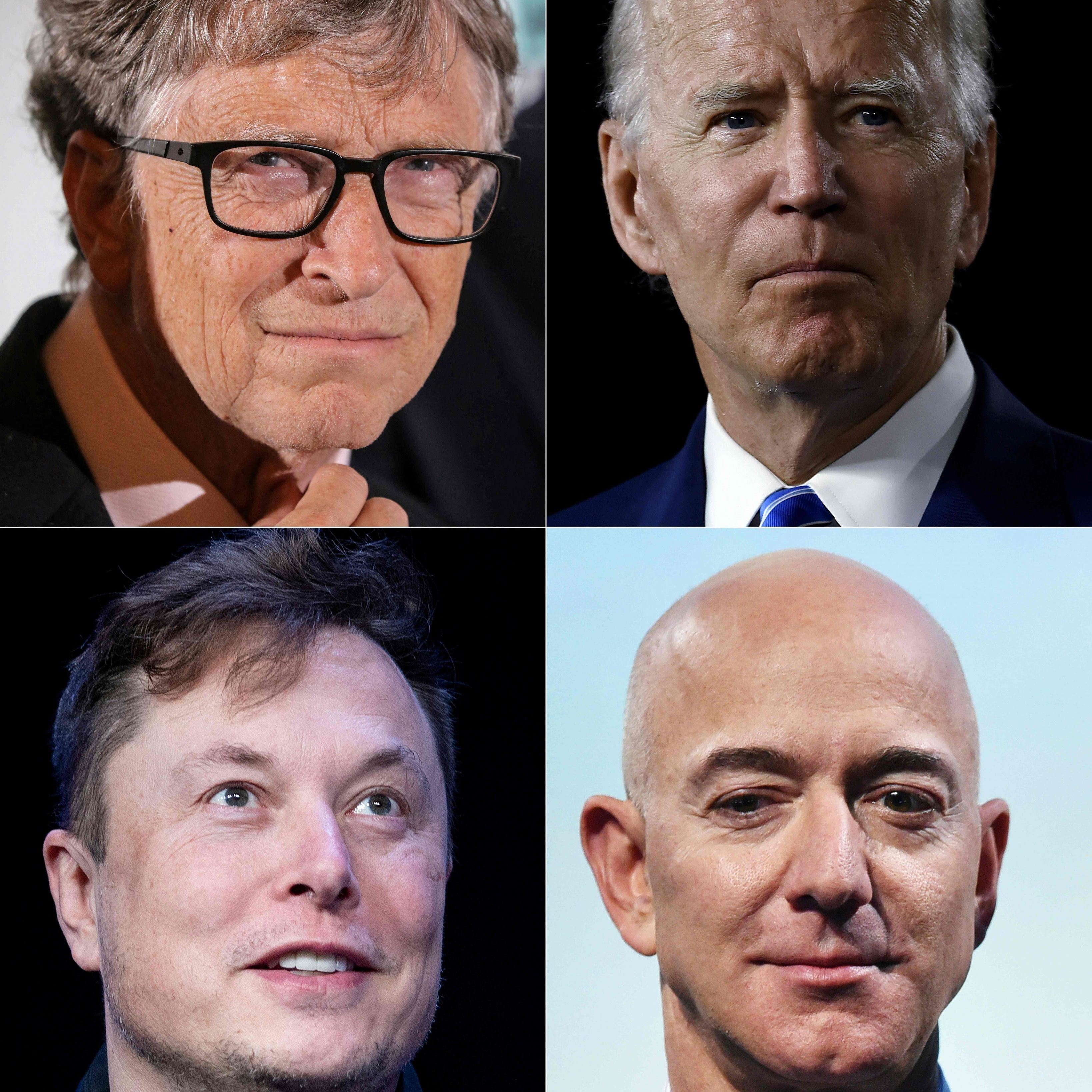 Vier der zahlreichen berühmten Opfer: Bill Gates, Joe Biden, Elon Musk, Jeff Bezos