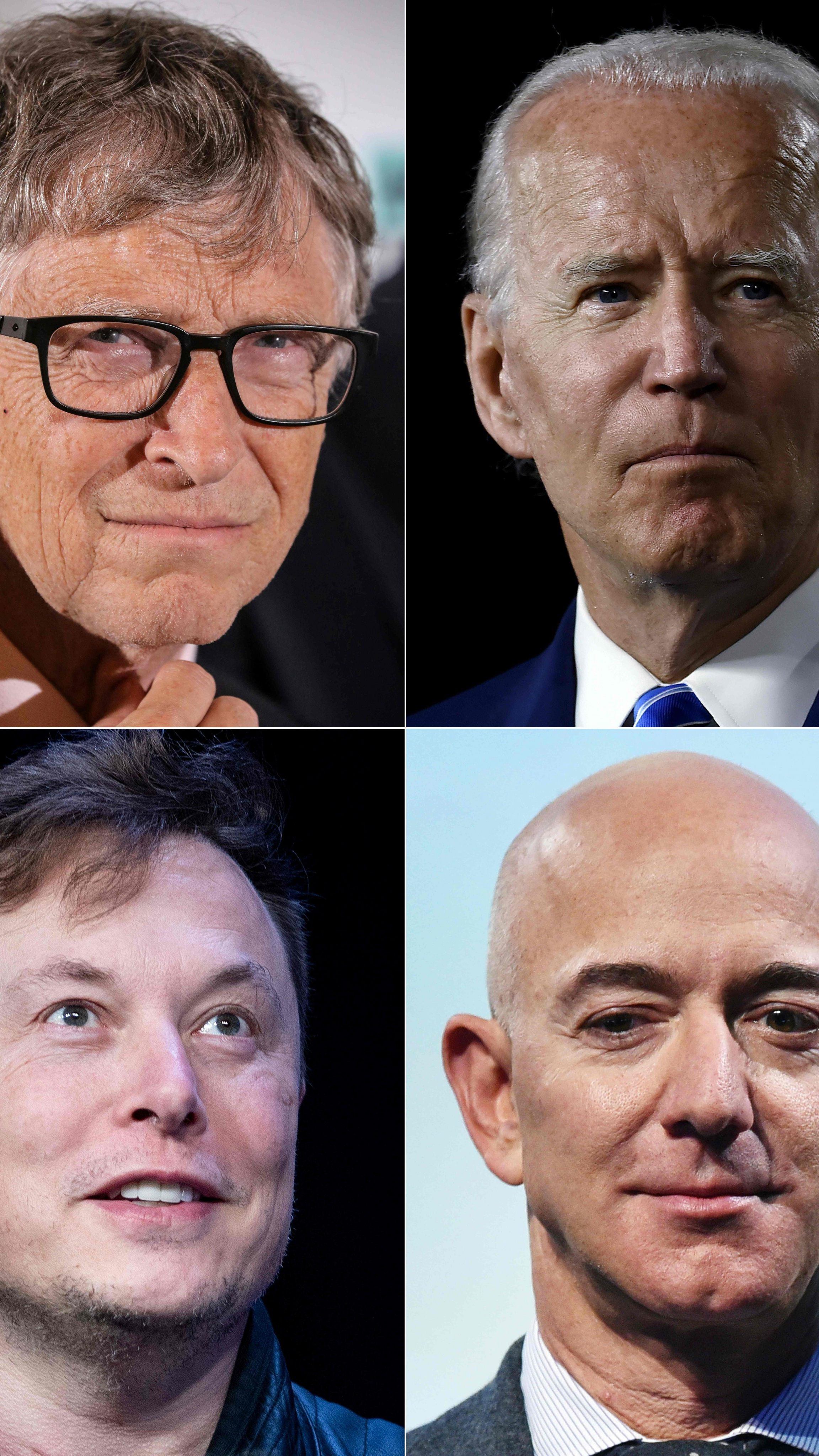 Vier der zahlreichen berühmten Opfer: Bill Gates, Joe Biden, Elon Musk, Jeff Bezos