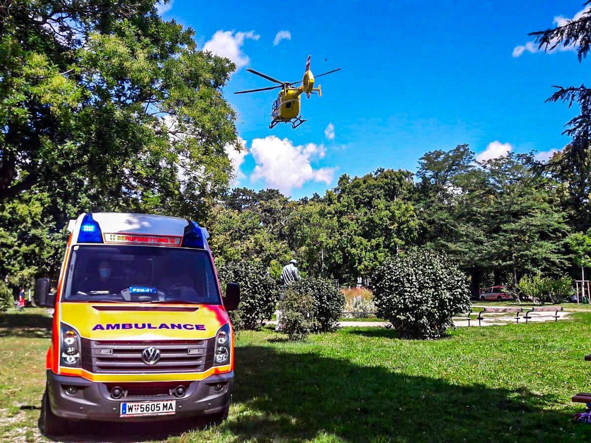 Der Bauarbeiter wurde vom Sternwartepark in ein Spital geflogen. Der Bauarbeiter wurde vom Sternwartepark in ein Spital geflogen.