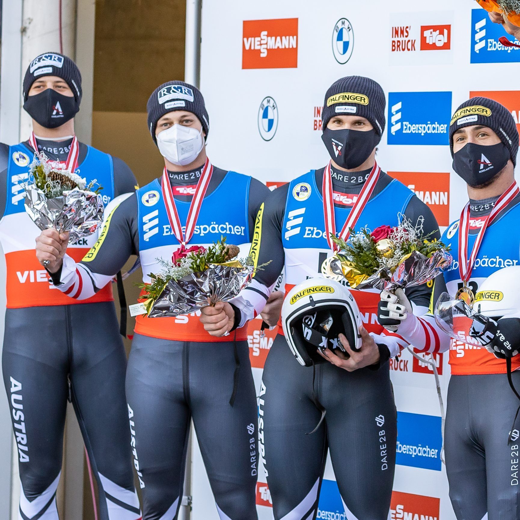 v.l. Yannick Mueller und Armin Frauscher (AUT, 2. Platz) Thomas Steu und Lorenz Koller (AUT, 1. Platz), Toni Eggert und Sascha Benecken (GER, 3. Platz)