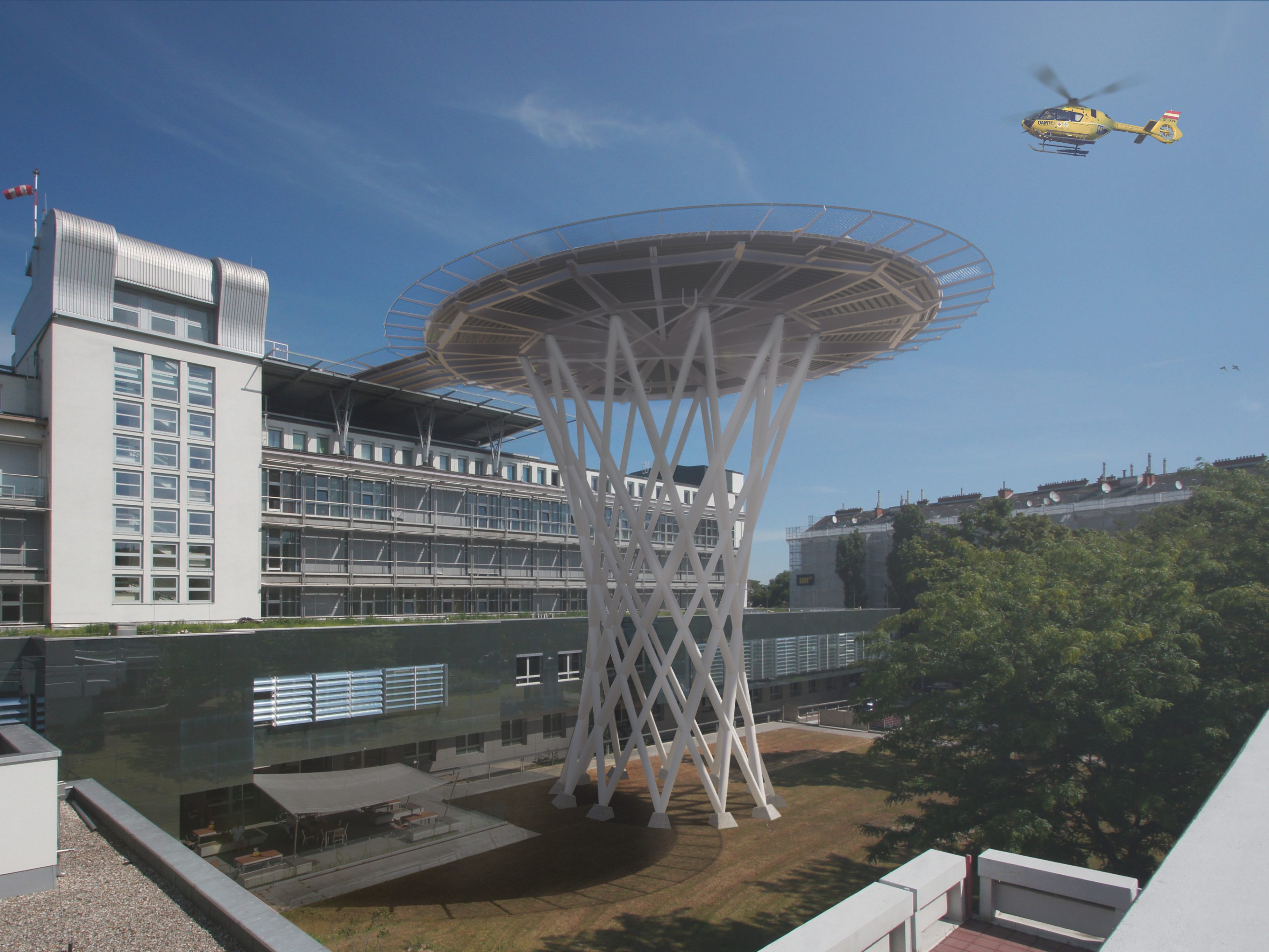 Visualisierung der neuen Hubschrauberlandeplattform im Traumazentrum Wien am Standort Meidling.